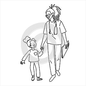 Paediatrician woman with baby, kid doctor, flat minimalistic illustration