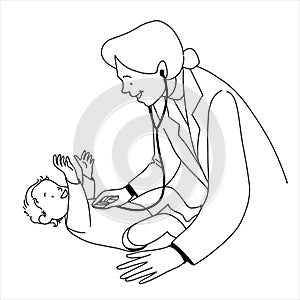 Paediatrician woman with baby, kid doctor, flat minimalistic illustration