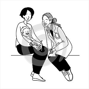 Paediatrician woman with baby, kid doctor, flat minimalistic illustration