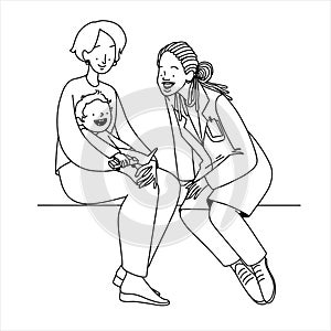 Paediatrician woman with baby, kid doctor, flat minimalistic illustration