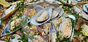 Paella close up, with mussels and rice