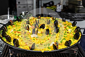 Paella closeup in pan