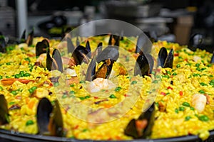 Paella closeup in pan