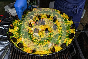 Paella closeup in pan