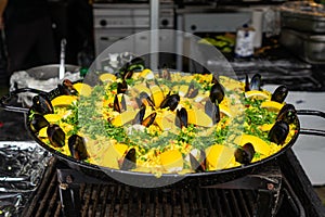 Paella closeup in pan