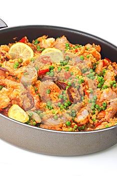 Paella cooking with shrimp