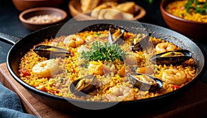 Paella dish on the table, generated by AI