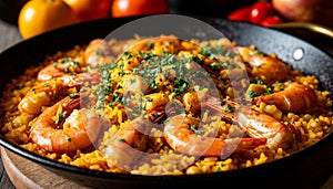 Paella dish on the table, generated by AI