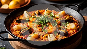 Paella dish on the table, generated by AI