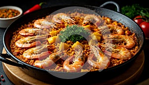 Paella dish on the table, generated by AI