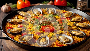 Paella dish on the table, generated by AI.