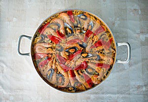 Paella in an overhead shot