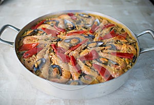 Paella in an overhead shot