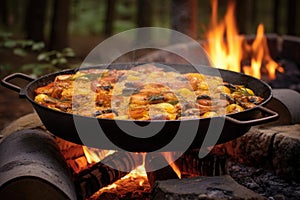 paella pan on campfire with wooden spoon stirring ingredients