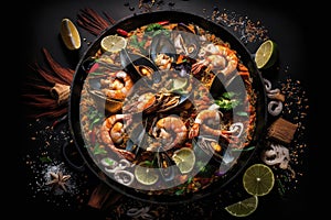 Paella with seafood on a black background.