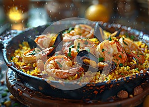 Paella with seafood in paellera traditional spanish dish