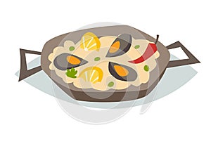 Paella with seafood vector illustration. Traditional spanish food