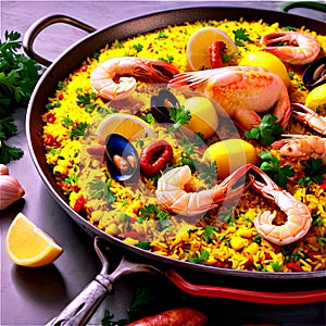 Paella A vibrant and flavorful paella, showcasing a colorful medley of saffron-infused rice, succulent s