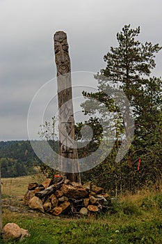 Pagan idols in autumn forest, Karelia