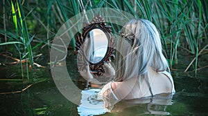 Pagan rituals in lake, young woman in white