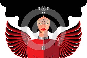 Pagan winged goddess with closed eyes in long hair. Lunar woman Hecate ancient Greek mythology. Celtic sorceress with wings