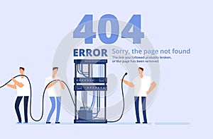 Page 404 error concept. Sorry, page not found web site template with server and network administrators. Vector