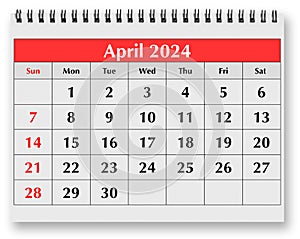 Page of the annual monthly calendar - April 2024