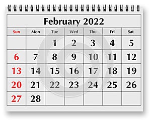 Page of the annual monthly calendar - February 2022 photo