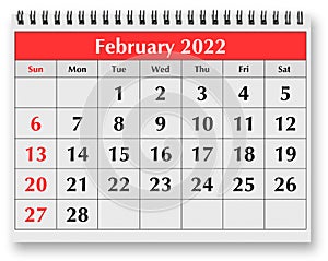 Page of the annual monthly calendar - February 2022