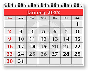 Page of the annual monthly calendar - January 2022