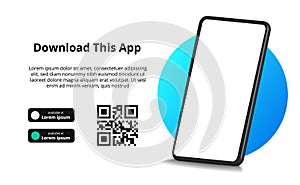 Page banner advertising for downloading app for mobile phone, smartphone. Download buttons with scan qr code template