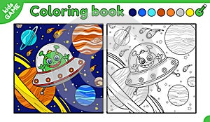 Page of coloring book with alien in flying saucer