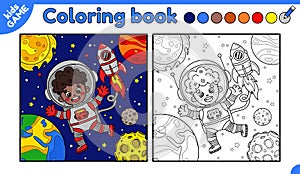 Page of coloring book with astronaut african boy