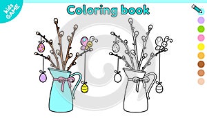 Page of coloring book with jug with pussy willow