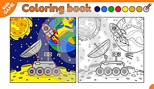 Page of coloring book with lunar rover on moon