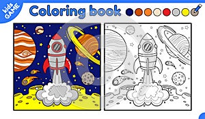 Page of coloring book with space rocket launch