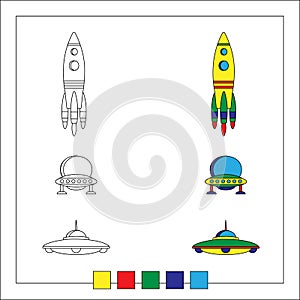 Page for coloring. Spaceships and satellites with examples of colors