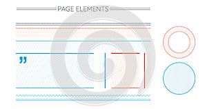 Page Design elementsset includes stripped blocks, text emphasis circles, infographic circle, dividers, quotation block, lines and