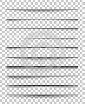 Page divider with transparent shadows. Set of pages separation vector isolated. Transparent realistic shadow for web
