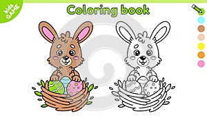 Page of Easter coloring book with rabbit in nest