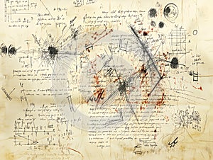 a page filled with mathematical equations and formulas is scattered in an artistic pattern, creating a visually dynamic and