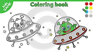 Page of kids coloring book alien in flying saucer