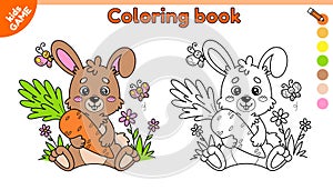 Page of kids coloring book with hare and carrot