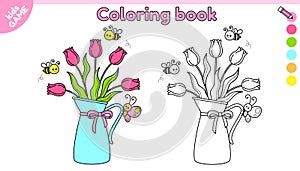 Page of kids coloring book with jug with tulips