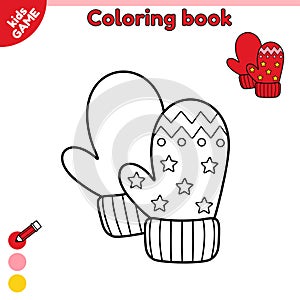 Page of kids coloring book with winter mittens