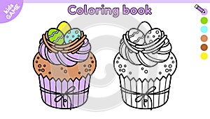 Page of kids Easter coloring book with cupcake