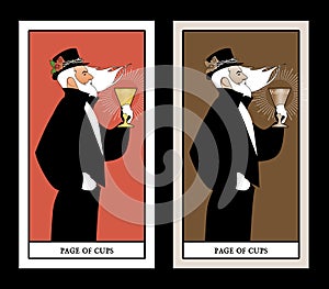 Page or knave of cups with top hat, roses and thorns, holding a golden cup. Minor arcana Tarot cards. Spanish playing cards