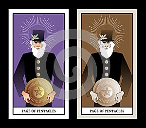 Page or knave of pentacles with top hat holding a golden shield. Minor arcana Tarot cards. Spanish playing cards