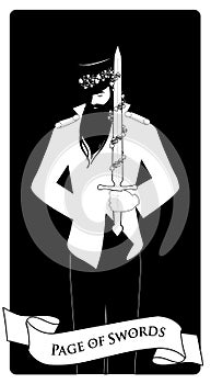 Page or knave of swords with top hat holding a sword with flowers and leaves. Minor arcana Tarot cards. Spanish playing cards