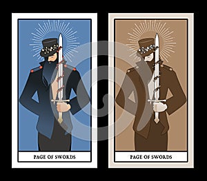 Page or knave of swords with top hat holding a sword with flowers and leaves. Minor arcana Tarot cards. Spanish playing cards